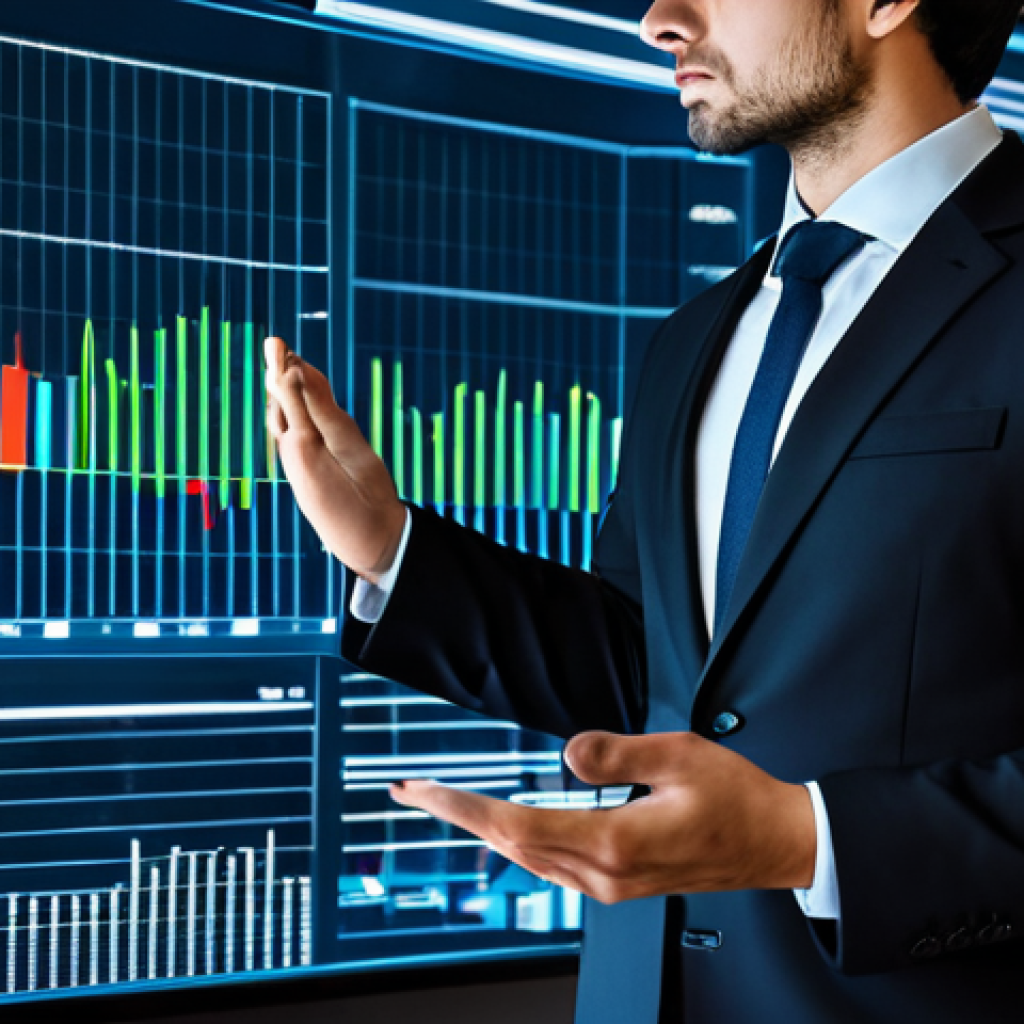 A professional data analyst in a modest dark business suit, deeply focused on a large, transparent data screen displaying complex, abstract graphs and fluctuating economic metrics. The background is a sleek, modern office with subtle ambient lighting. Safe for work, appropriate content, fully clothed, professional dress, perfect anatomy, correct proportions, natural pose, well-formed hands, proper finger count, high-quality professional photography, ultra-realistic.