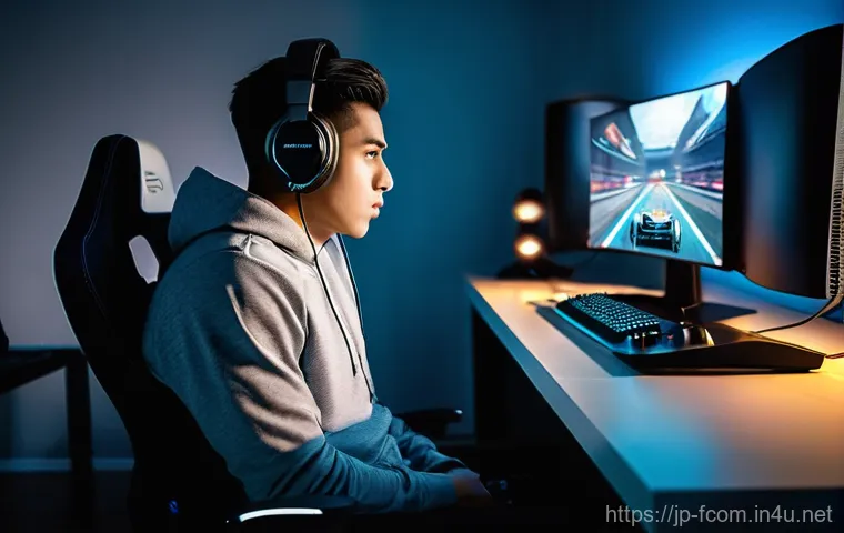 FC온라인 주말 리그 도전법 - **Prompt:** A young male gamer, late 20s, with a focused and determined expression, performing light...