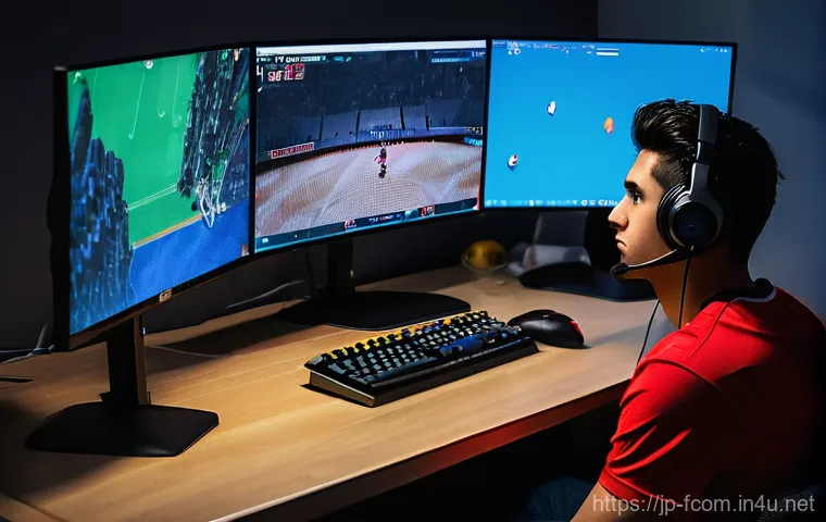 FC온라인 주말 리그 도전법 - **Prompt:** A diverse group of three young adult gamers (two male, one female), all in their early t...