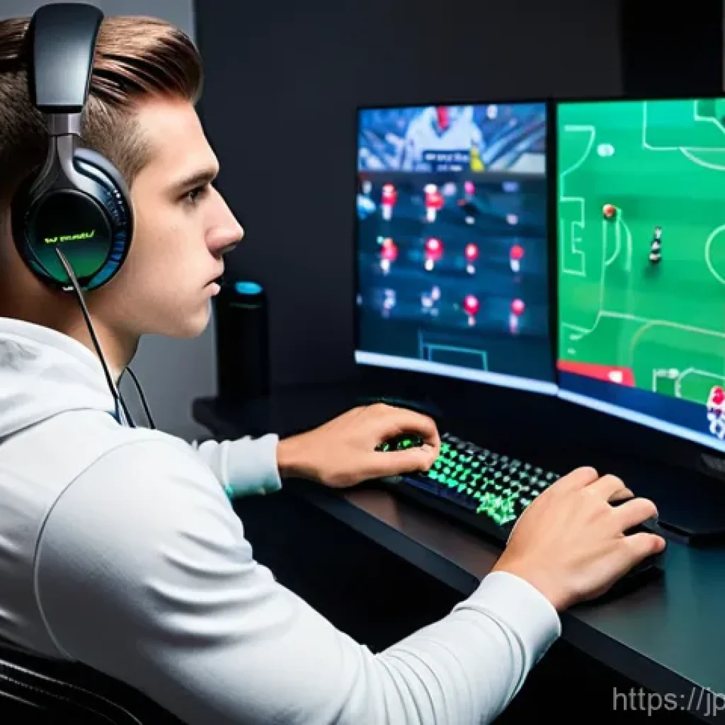 FC온라인 직관적인 전술 설정 - **Prompt:** "A focused male gamer, late teens to early twenties, sitting comfortably in a modern, er...