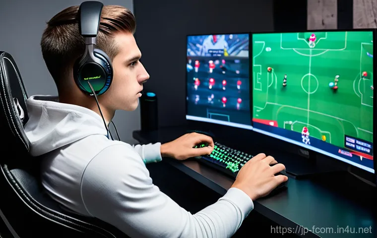 FC온라인 직관적인 전술 설정 - **Prompt:** "A focused male gamer, late teens to early twenties, sitting comfortably in a modern, er...