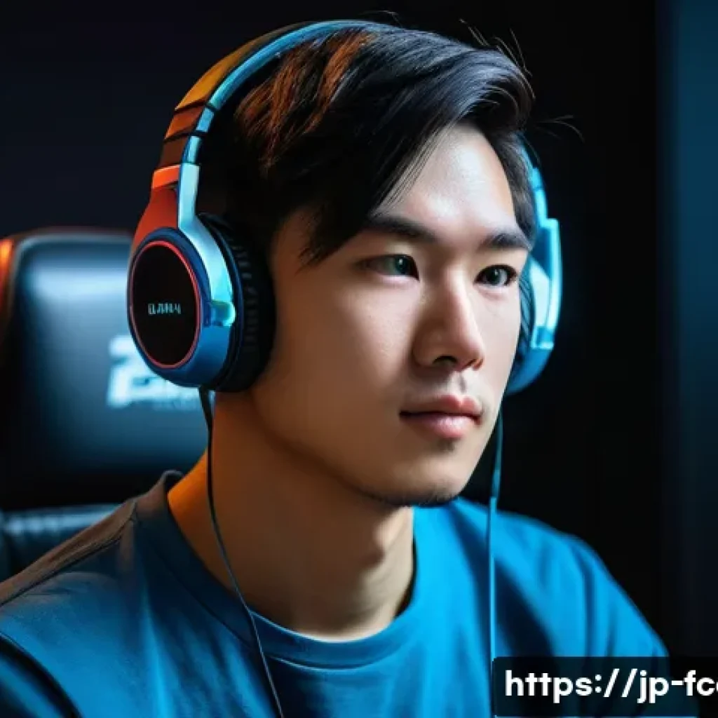 FC온라인 게임코칭 서비스 - **Prompt:** A young adult male, Japanese, wearing a casual gaming t-shirt and headphones, sitting in...