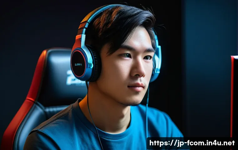 FC온라인 게임코칭 서비스 - **Prompt:** A young adult male, Japanese, wearing a casual gaming t-shirt and headphones, sitting in...