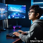 FC온라인 실시간 매치 전략 - A dynamic esports gaming scene depicting a young Japanese player intensely focused on a high-stakes ...