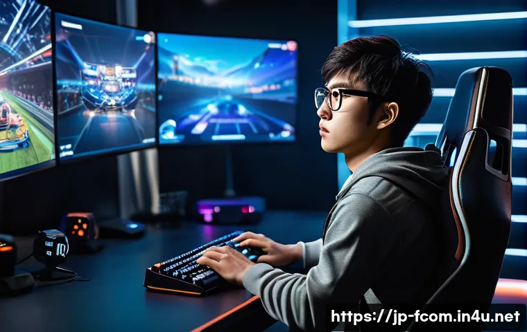 FC온라인 실시간 매치 전략 - A dynamic esports gaming scene depicting a young Japanese player intensely focused on a high-stakes ...