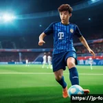 FC온라인 레벨 보상 획득법 - A dynamic and vibrant scene of a young soccer player in mid-action on a digital soccer field, wearin...