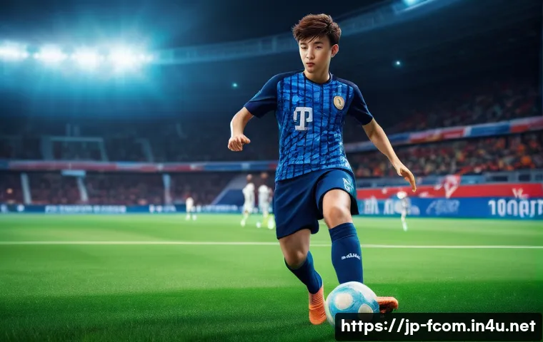 FC온라인 레벨 보상 획득법 - A dynamic and vibrant scene of a young soccer player in mid-action on a digital soccer field, wearin...