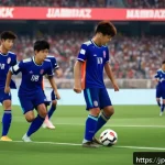 FC온라인 수비 AI 활용법 - A dynamic soccer defensive scene featuring a diverse team of athletic players in modern sportswear a...