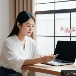 FC온라인 SNS 이벤트 참여 팁 - A modern Japanese woman in casual stylish clothing sitting at a clean desk with a smartphone and lap...