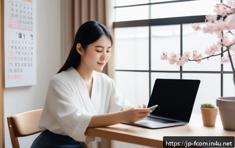 FC온라인 SNS 이벤트 참여 팁 - A modern Japanese woman in casual stylish clothing sitting at a clean desk with a smartphone and lap...