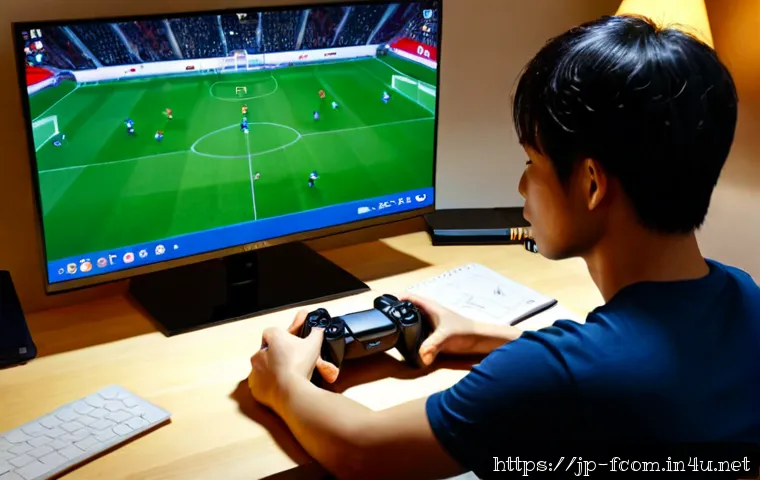 FC온라인 AI 상대 승률 증가 - Photorealistic Japanese adult gamer calmly playing a generic football video game against an AI oppon...